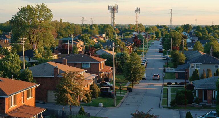 Aerial view of a suburban neighborhood street lined with houses and trees at golden hour