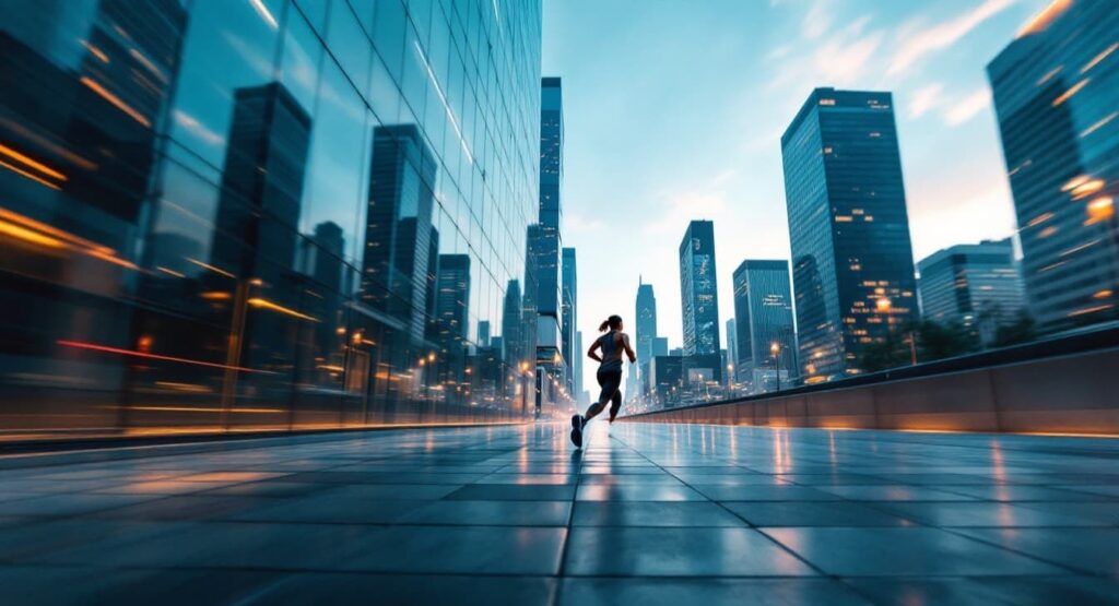 Woman sprinting frantically down a modern city street, capturing the tense chase from The Runner.