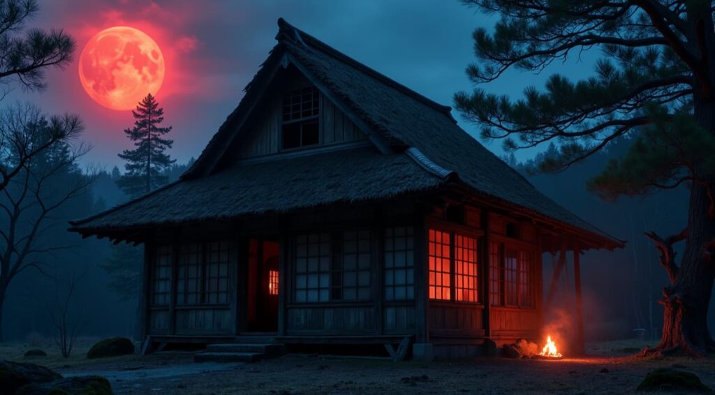 Dark wooden cabin in a forest at night under a giant glowing red moon
