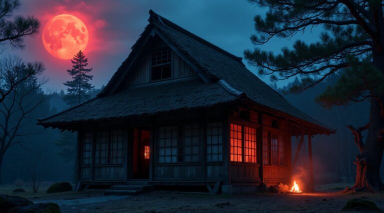 Dark wooden cabin in a forest at night under a giant glowing red moon