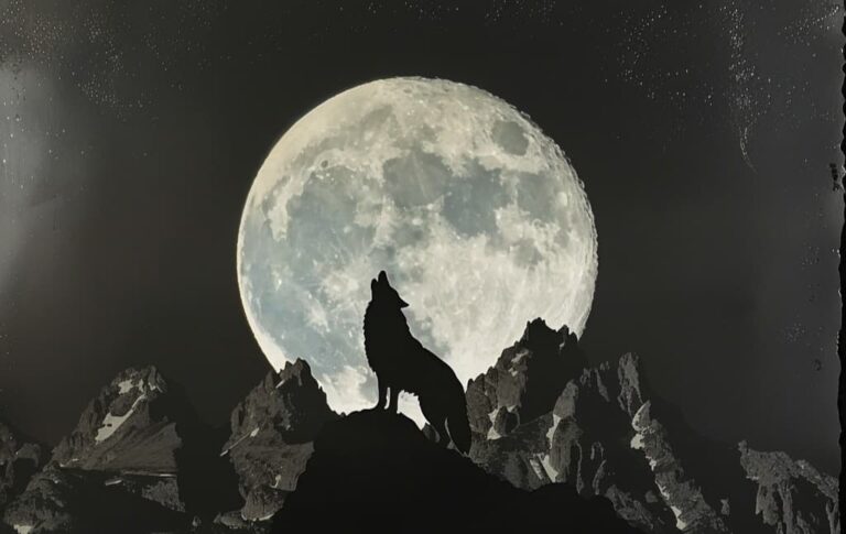 Silhouette of a howling wolf on a rocky mountain ridge in front of a glowing full moon.
