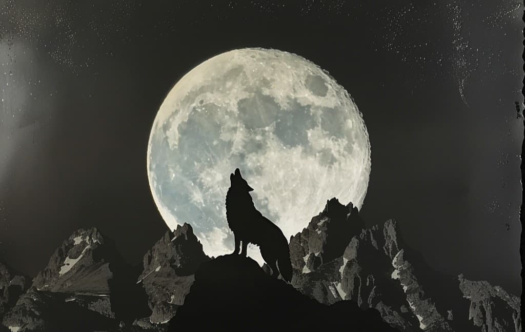 Silhouette of a howling wolf on a rocky mountain ridge in front of a glowing full moon.