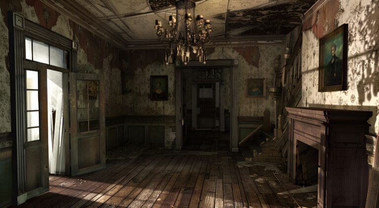Abandoned grand hallway with peeling wallpaper, a wooden staircase, and a heavy chandelier hanging from a rotting ceiling.