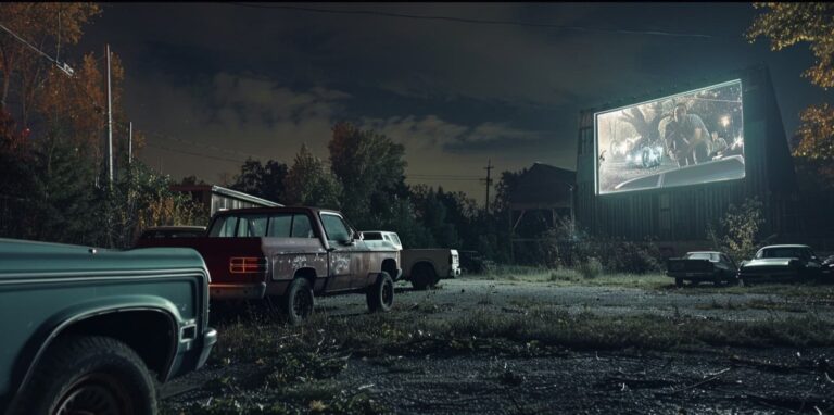 Dark, atmospheric drive-in movie theater at night with vintage trucks and cars facing an illuminated screen.