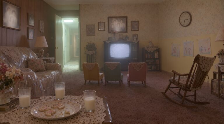 Empty retro living room with three small chairs facing a static-filled TV, milk and cookies on a table, and children's drawings on the wall