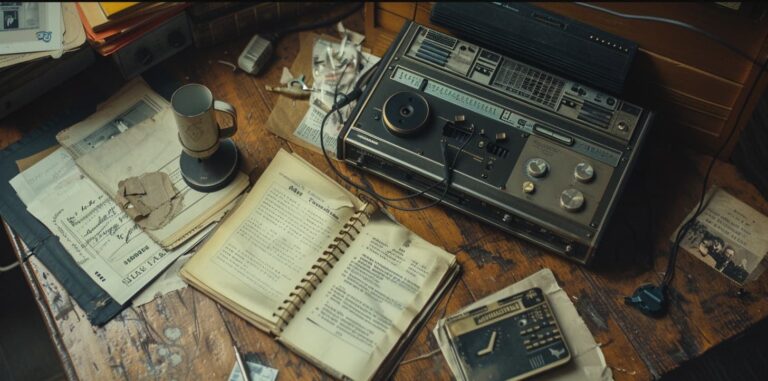Vintage tape recorder and an open notebook on a cluttered wooden desk.