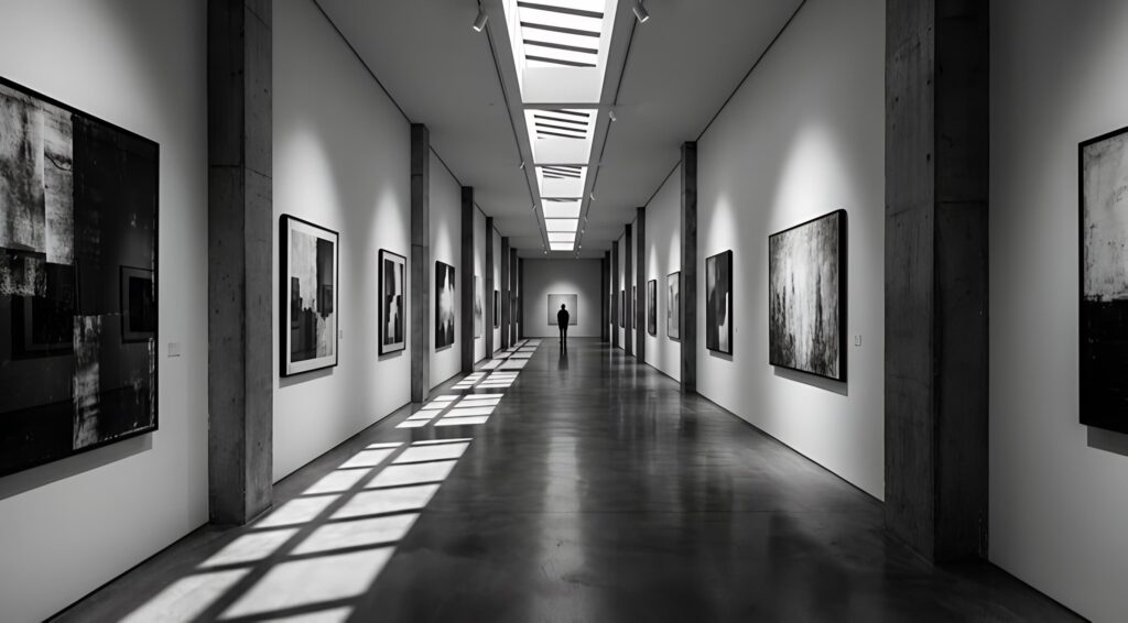 A dark, empty modern art gallery hallway with a single silhouette at the far end.