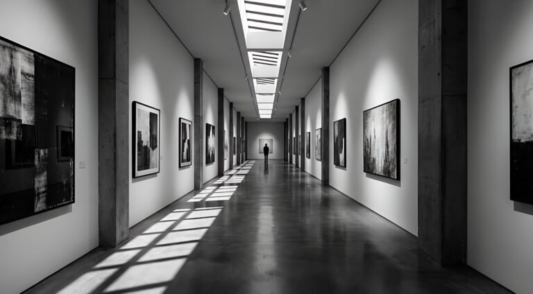 A dark, empty modern art gallery hallway with a single silhouette at the far end.