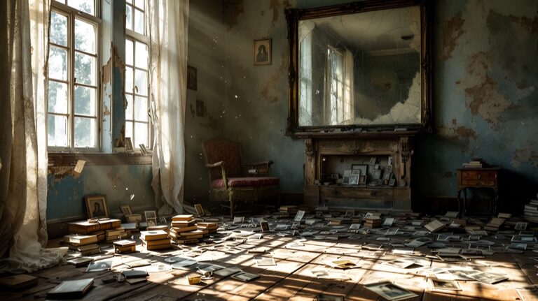 A dusty, abandoned room with peeling walls, a large cracked mirror over a fireplace, and books scattered across a sunlit floor.