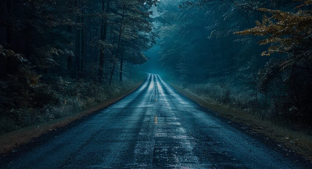 Dark, misty forest road at night evoking the eerie atmosphere of Cuckoo