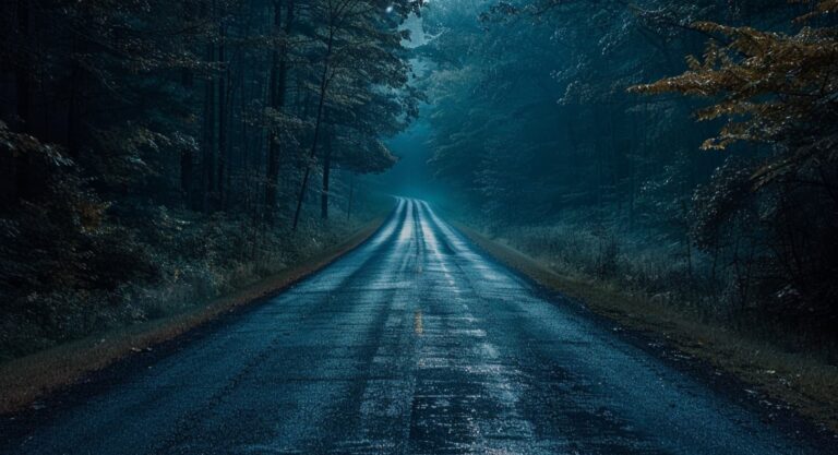 Dark, misty forest road at night evoking the eerie atmosphere of Cuckoo
