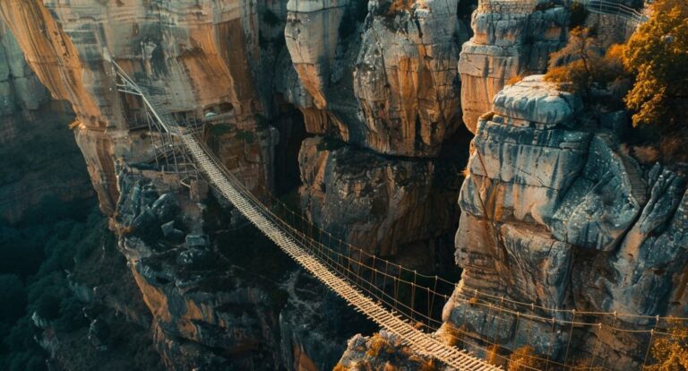 A long, narrow rope bridge suspended between two steep, rocky cliffs over a deep gorge.