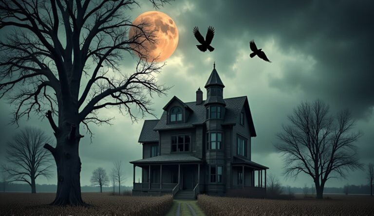 Dark, isolated farmhouse surrounded by dead crops under a glowing orange moon.