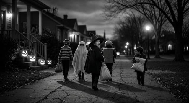 Black and white photo of children in Halloween costumes walking down a dark suburban sidewalk past glowing jack-o'-lanterns.