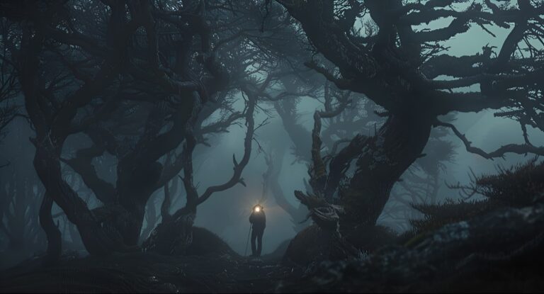 Lone figure with a glowing headlamp standing among twisted trees in a dark, misty forest at night