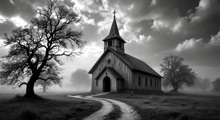 A black-and-white photo of a lonely wooden church surrounded by fog, grass, and a bare tree.