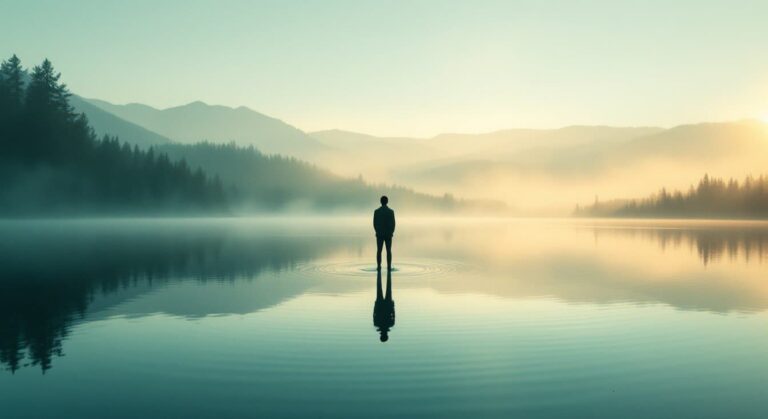 Silhouette of a man standing alone on still water at misty sunrise, reflecting on the water's surface