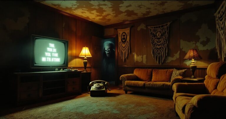 A dimly lit, retro wood-paneled room featuring a glowing vintage CRT television, a rotary phone on the floor, and a terrifying ghostly figure standing in a dark doorway.