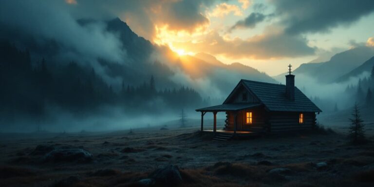 Glowing log cabin in a dark, misty mountain valley at sunrise.