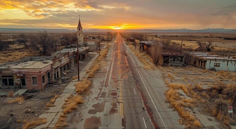 Empty cracked desert road at sunset running through an abandoned small town, used for the Onslaught ending explained