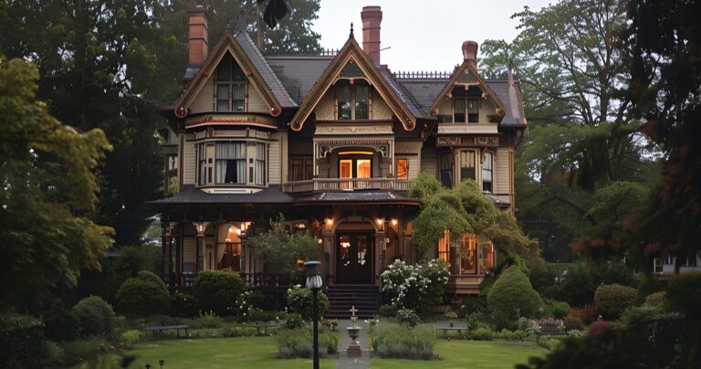 Victorian house at twilight with warm glowing porch lights and a garden path, cozy witchy mood