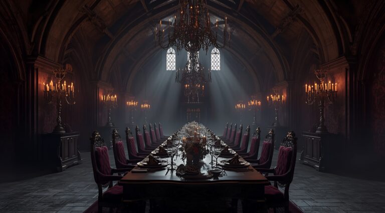 Candlelit gothic dining hall with a long table, purple velvet chairs and a chandelier under arched windows