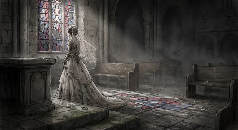 Bride in a torn, dirty wedding dress inside a dark, ruined church looking out a broken stained-glass window.