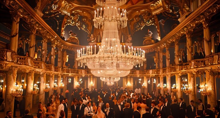 A crowd of people in formal wear mingling in a grand, opulent ballroom featuring marble columns, ornate gold detailing, and a massive illuminated crystal chandelier.