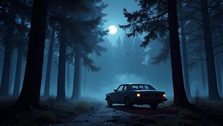 Dark sedan parked on a dirt path in a foggy, moonlit forest at night.