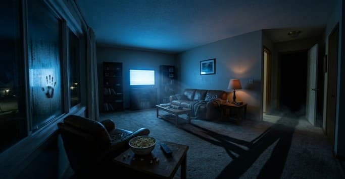 Dark living room at night with a glowing TV, a handprint on the window, and a shadowy open hallway, Skinamarink ending explained
