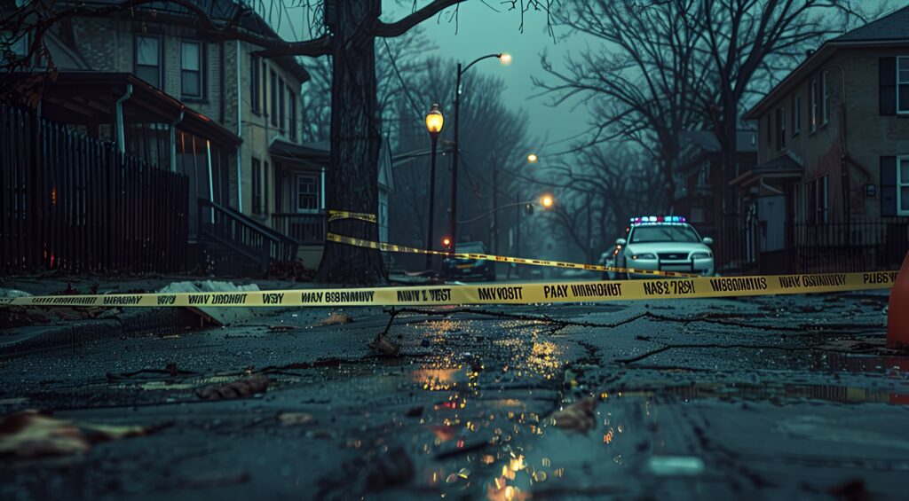 Yellow police tape stretched across a wet, rainy street with a police cruiser in the background.