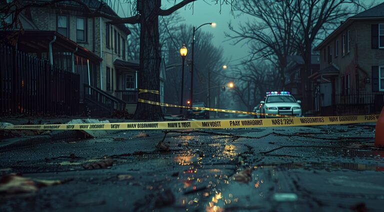Yellow police tape stretched across a wet, rainy street with a police cruiser in the background.