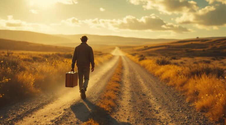 A man carrying a suitcase walks away down a long dirt road at sunset.