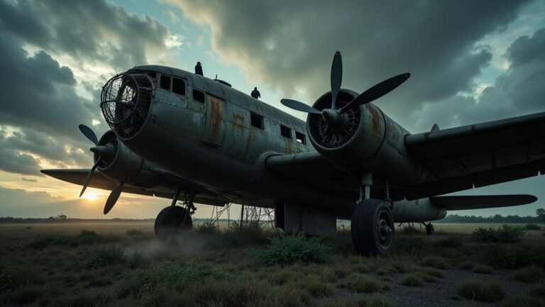 A rusted, abandoned propeller plane resting in an overgrown field under a cloudy sunset sky.