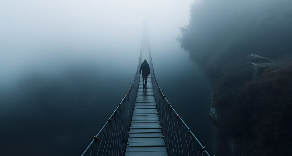 Lone figure walking away on a narrow wooden suspension bridge vanishing into thick fog.