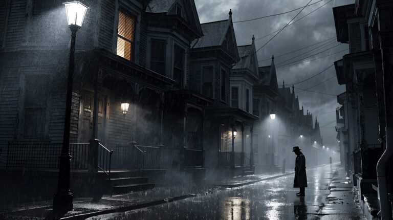 A lone man in a trench coat standing on a dark, rainy street below a glowing second-story window.