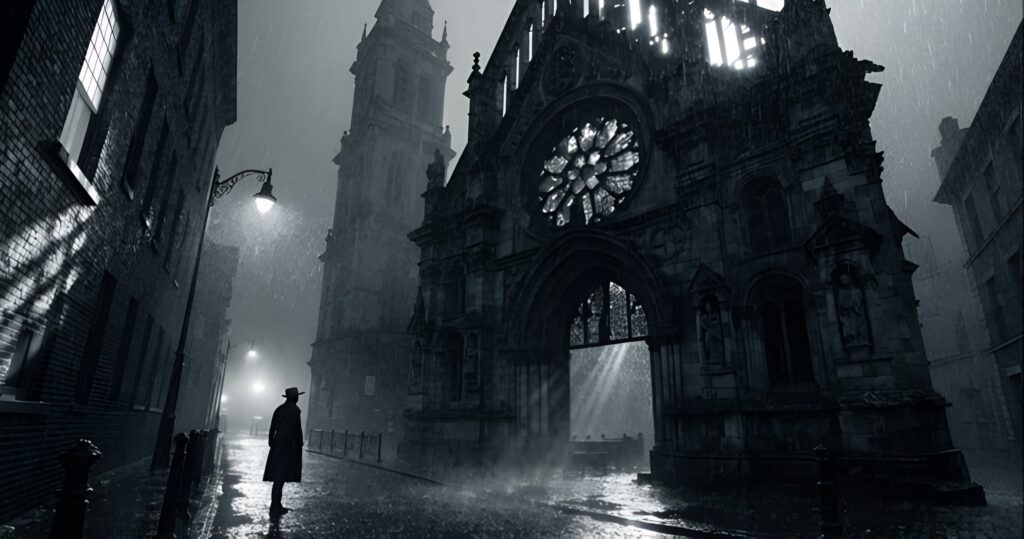 Silhouette of a detective in a trench coat standing in heavy rain outside a dark, gothic cathedral at night.
