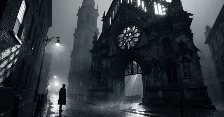 Silhouette of a detective in a trench coat standing in heavy rain outside a dark, gothic cathedral at night.