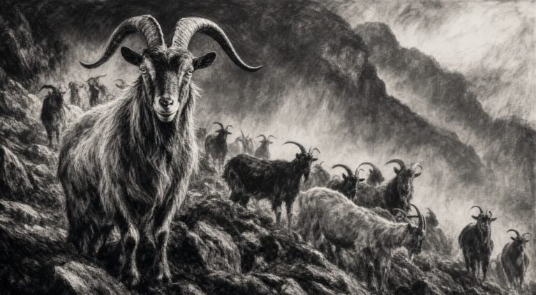 Black and white charcoal sketch of a large, imposing goat with long curved horns standing on a rocky slope, with a herd of goats in the misty background.